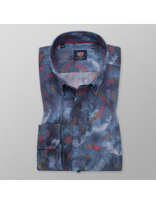 Willsoor Camisa slim fit para hombres en color azul con estampado de plumas 11743.