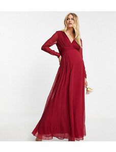 ASOS Maternity Vestido largo de dama de honor con cintura fruncida, mangas largas y falda plisada de ASOS DESIGN Maternity-Rojo