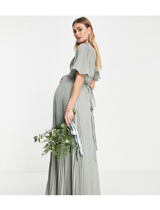 ASOS Maternity Vestido de dama de honor largo color oliva plisado con cintura envolvente y mangas acampanadas de satén de ASOS DESIGN Maternity-Verde