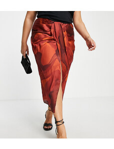 ASOS LUXE Falda midi marrón cruzada con diseño drapeado y estampado de remolinos de ASOS DESIGN Curve (parte de un conjunto)-Multicolor