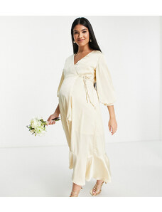 Vestido de dama de honor midi color champán cruzado con mangas abullonadas de satén de Liquorish Maternity-Amarillo