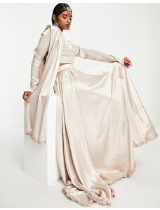 Falda rubor apagado estilo lehenga de corte amplio con volantes y dupatta de Kanya London-Blanco