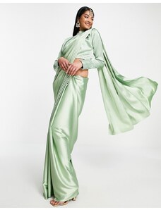 Blusa verde salvia de dama de honor con cuello alto y sari de Kanya London (parte de un conjunto)