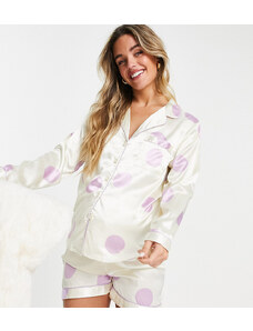 Pijama corto crema con estampado de lunares lilas grandes de satén de Night Maternity-Morado