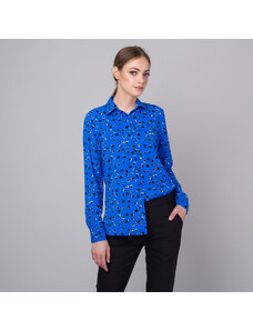 Willsoor Camisa para mujer color azul con negro y blanco estampado geométrico 13750