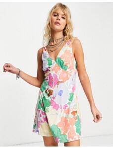 ONLY Vestido corto multicolor vaporoso con estampado floral y cuello de pico de Neon & Nylon