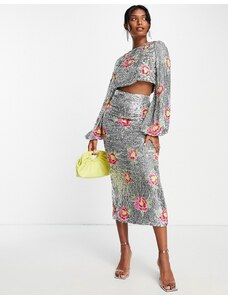 Falda midi con diseño floral de lentejuelas de ASOS EDITION-Plateado