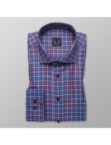 Willsoor Camisa slim fit azul con patrón de cuadros blancos y rojos para hombres 13271