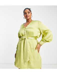 Vestido corto color oliva con lazada en la cintura y botones de Pretty Lavish Curve-Amarillo