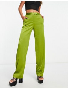 Pantalones color lima de corte sartorial y talle alto de satén de JJXX-Verde