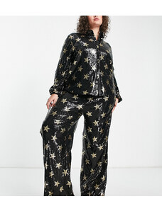Pantalones de pernera ancha con estampado de estrellas de lentejuelas de Twisted Wunder Plus (parte de un conjunto)-Dorado