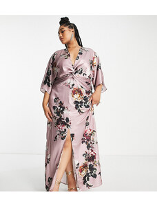Vestido largo color malva con manga kimono de satén de Hope & Ivy Plus-Marrón