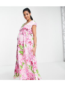 Vestido largo verde y rosa escotado con estampado floral de Liquorish Maternity-Multicolor