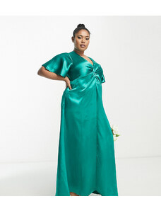 Vestido de dama de honor largo verde esmeralda con mangas fluidas de satén de Vila Curve