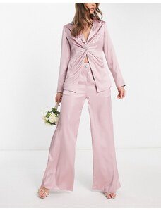 Pantalones de dama de honor plisados de pernera ancha de satén con botón de gema en forma de corazón de Extro & Vert (parte de un conjunto)-Rosa