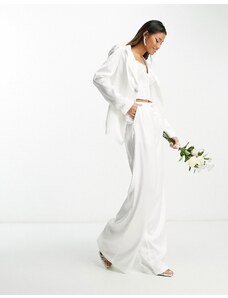 Pantalones de novia plisados de pernera ancha de satén con botón de gema en forma de corazón de Extro & Vert (parte de un conjunto)-Blanco
