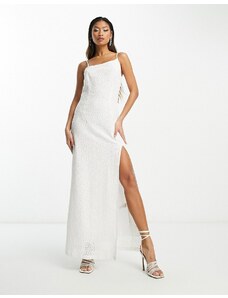 Vestido de novia semilargo asimétrico con abertura en la falda de encaje de Extro & Vert-Blanco
