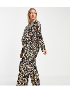 ASOS Maternity Pijama marrón de pantalones de pernera ancha y top de manga larga con estampado de leopardo de viscosa de ASOS DESIGN Maternity