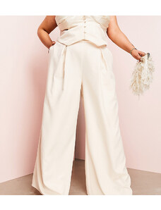 Pantalones de sastre color crema de pernera ancha de ASOS LUXE Curve (parte de un conjunto)-Blanco