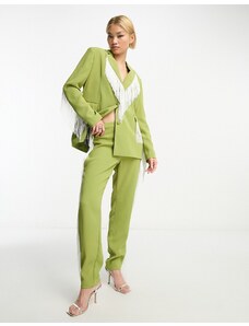 Pantalones verdes y blancos de pernera recta con flecos premium de Extro & Vert (parte de un conjunto)