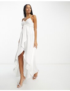 Vestido de novia de tirantes con diseño de cascada y detalle de encaje de Extro & Vert-Blanco