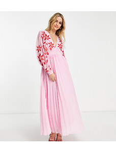 ASOS Tall Vestido largo rosa plisado y escotado con bordados y mangas de murciélago de ASOS DESIGN Tall-Multicolor