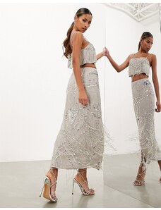 Falda midi gris pálido con diseño artístico de lentejuelas y flecos de ASOS EDITION