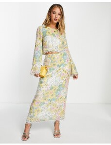 Falda midi con estampado floral en tonos pastel y flecos de lentejuelas de ASOS Edition-Multicolor