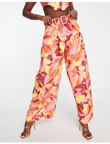 Pantalones plisados de pernera ancha con estampado floral luminoso y cinturón de ASOS Luxe (parte de un conjunto)-Multicolor