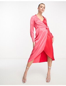 Vestido semilargo rojo y rosa cruzado con diseño color block de Style Cheat-Plateado