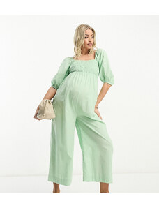 ASOS Maternity Mono largo verde salvia con mangas abullonadas y diseño fruncido de tejido efecto lino de ASOS DESIGN Maternity