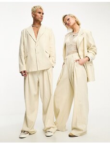 Pantalones color crema unisex de pernera recta de lino de IIQUAL (parte de un conjunto)-Blanco