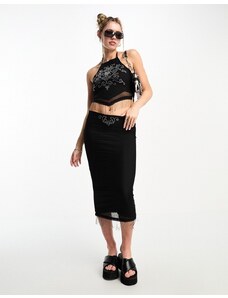 Falda midi negra con borlas y pedrería de Tammy Girl (parte de un conjunto)-Negro