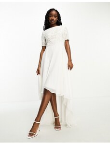 Vestido de novia color marfil con diseño 2 en 1 adornado y bajo asimétrico de Beauut-Blanco