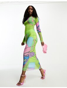 Falda larga verde con estampado gráfico de malla de Gbemi (parte de un conjunto)-Multicolor