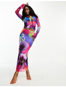 Falda larga fruncida con estampado gráfico floral de malla Arisa de Gbemi (parte de un conjunto)-Multicolor