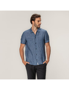 Willsoor Camisa clásica de lino para hombre en color azul oscuro 15359