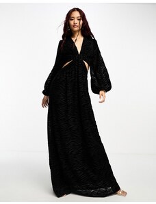 Vestido largo negro transparente con estampado de cebra, mangas globo y aberturas de malla de Style Cheat-Multicolor