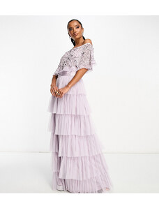 Vestido de dama de honor largo lila con escote Bardot y diseño escalonado de Beauut-Morado