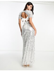 Vestido de novia largo color crema y plateado con diseño adornado y espalda baja de Beauut-Blanco