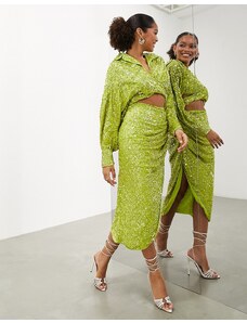 Falda midi verde lima con diseño drapeado lateral de lentejuelas de ASOS EDITION