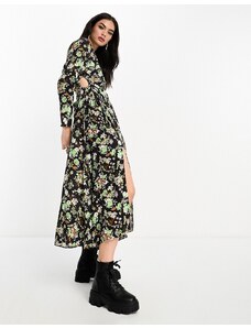 Vestido negro y verde de manga larga con estampado floral y aberturas en la pierna y los laterales de Mango-Multicolor