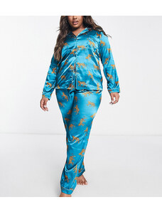 Pijama largo color cerceta con estampado de leopardos de satén de Night Plus-Azul