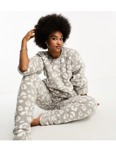 Pijama de dos piezas gris con estampado animal de sherpa muy suave de Loungeable Tall