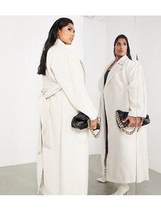 Abrigo largo color crema con cinturón de mezcla de lana de ASOS EDITION Curve-Blanco