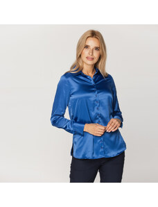 Willsoor Camisa fluida de satén en atrevido color azul para mujer 15589