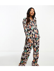 Pijama multicolor de pantalones y top de manga larga con estampado de Navidad de satén de Chelsea Peers Petite