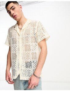 Camisa blanca de manga corta con solapas de croché de Coney Island Picnic-Blanco