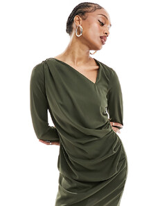 ASOS Tall Vestido corto caqui con cuello asimétrico y mangas fruncidas de ASOS DESIGN Tall-Verde
