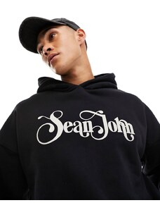 Sudadera negra sin cierres con capucha y estampado del logo de estilo retro de Sean John-Negro